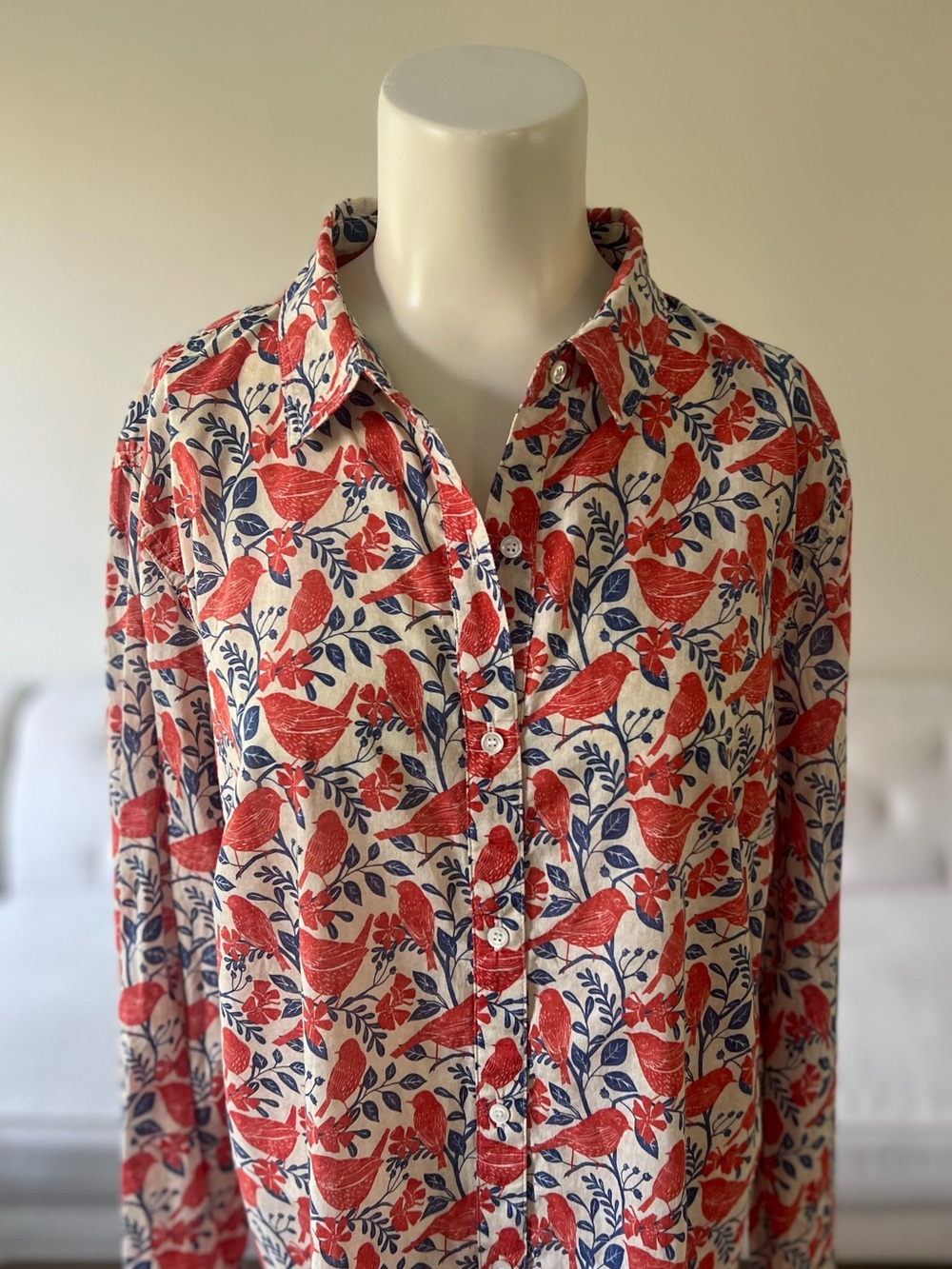 J.McLaughlin Lois Button Down Shirt XL 100% Cotton Bird Print